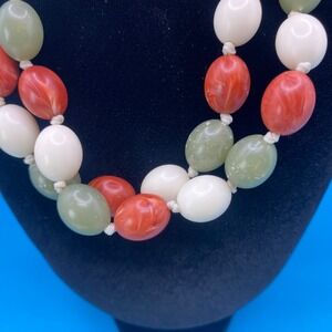 Vintage Monet Beaded Necklace 30" Knotted Coral Green White Flapper Layering